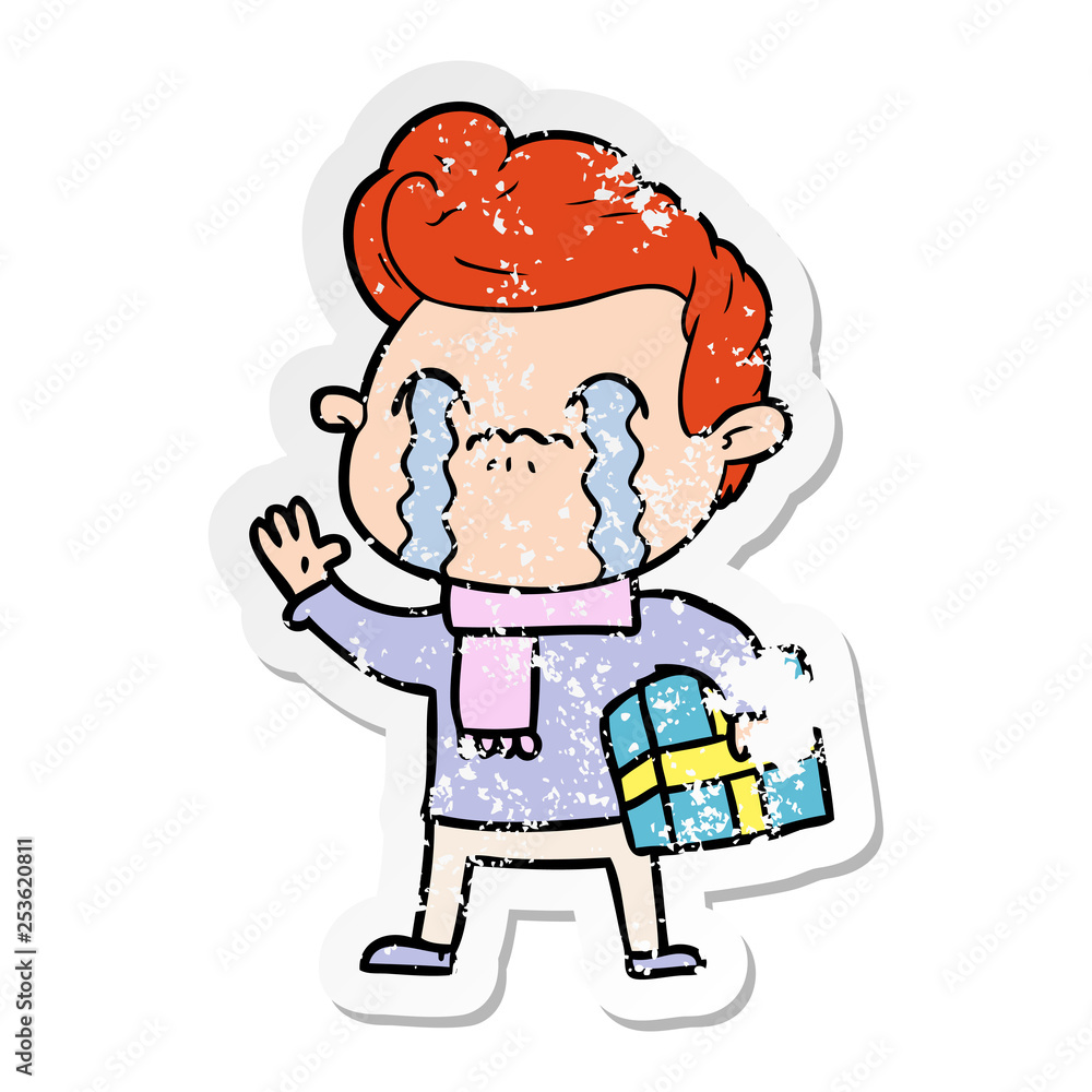 distressed sticker of a cartoon man crying distressed sticker of a cartoon man crying
