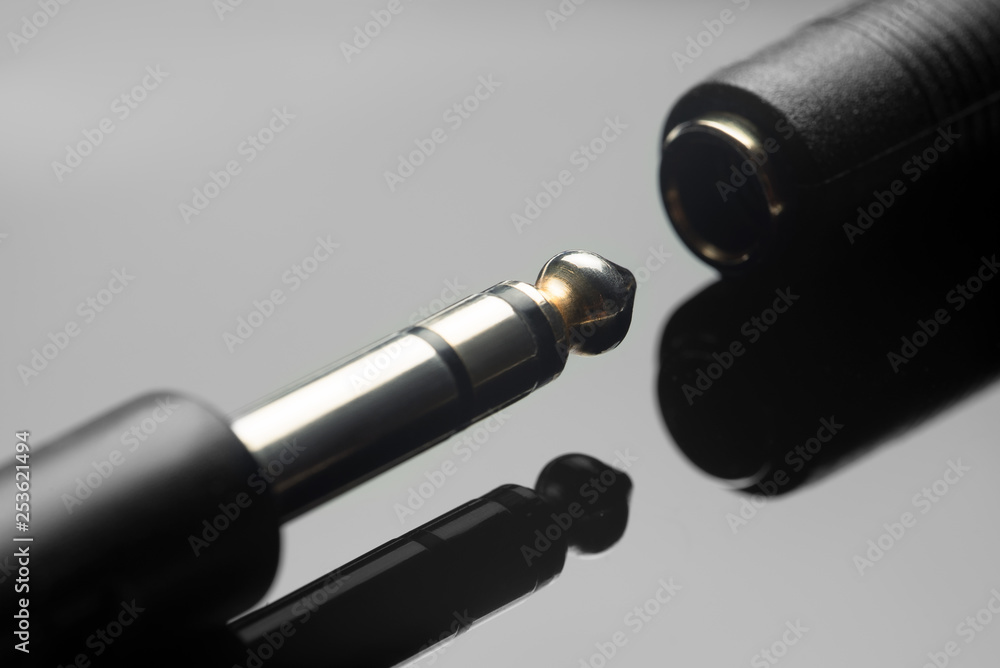 6.5 mm audio jack and socket on black glass surface.