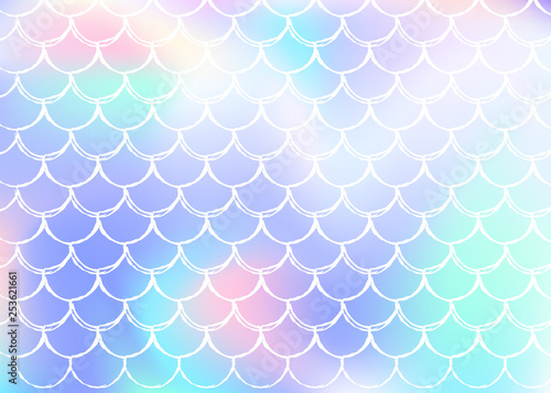 Holographic scale background with gradient mermaid. Bright color transitions. Fish tail banner and invitation. Underwater and sea pattern for girlie party. Hipster backdrop with holographic scale.