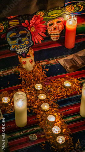 Flower and skeleton alter at Dia de los Muertos, Day of the Dead