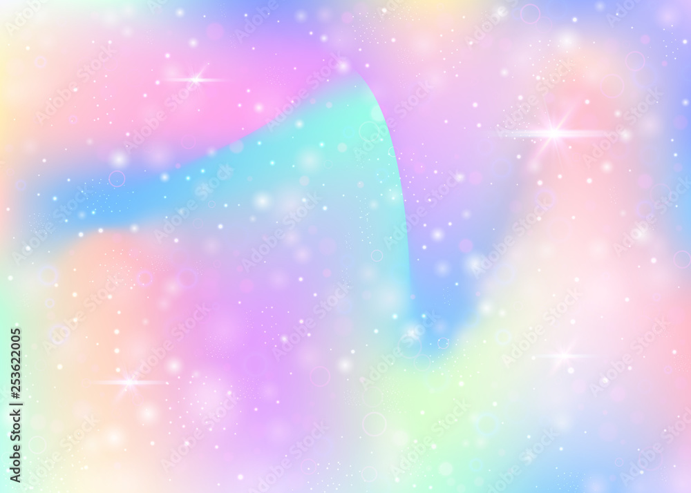 Fairy background with rainbow mesh.  Trendy universe banner in princess colors. Fantasy gradient backdrop with hologram. Holographic fairy background with magic sparkles, stars and blurs.