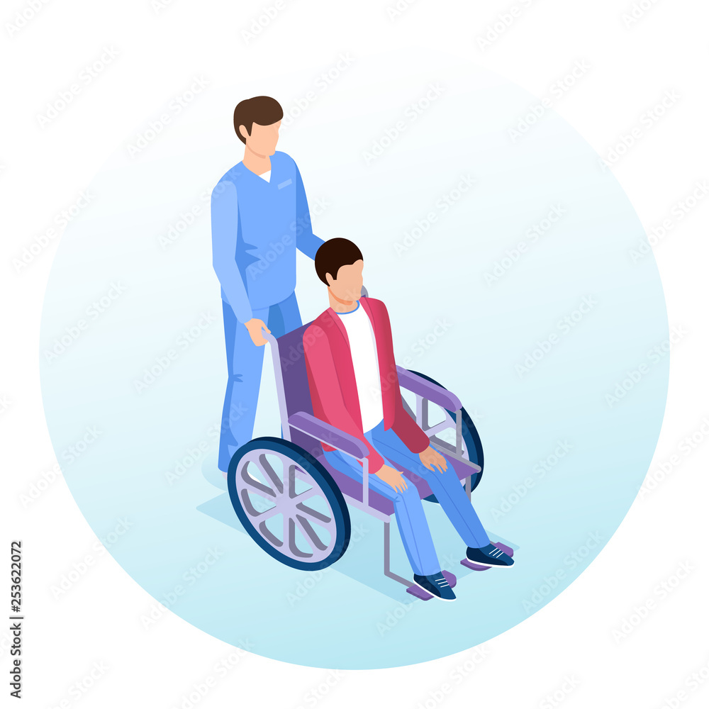 Male nurse with disabled person in wheelchair. Medical concept. Isometric 3D style. Vector illustration. Male nurse with disabled person in wheelchair. Medical concept. Isometric 3D style. Vector illustration.