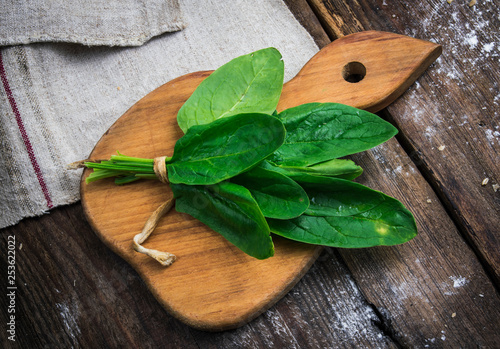 Bunch of spinach on rustic wooden background