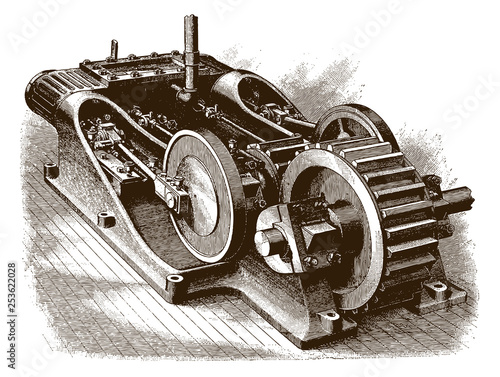Historical twin engine (after an engraving or etching from the 19th century)