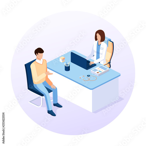 Doctor and patient concept. Medical consultation and diagnosis. Healthcare. Isometric flat vector illustration.
