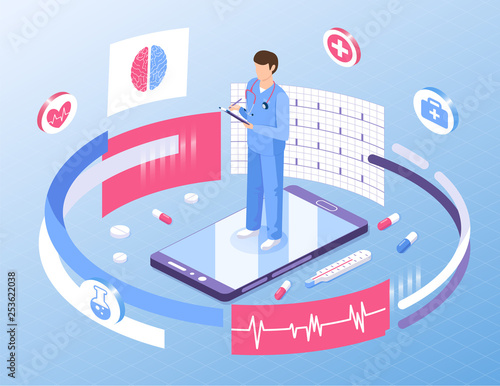 Online medicine healthcare isometric illustration. Web design vector template. Male doctor on smartphone with medication, symbols and documents. 