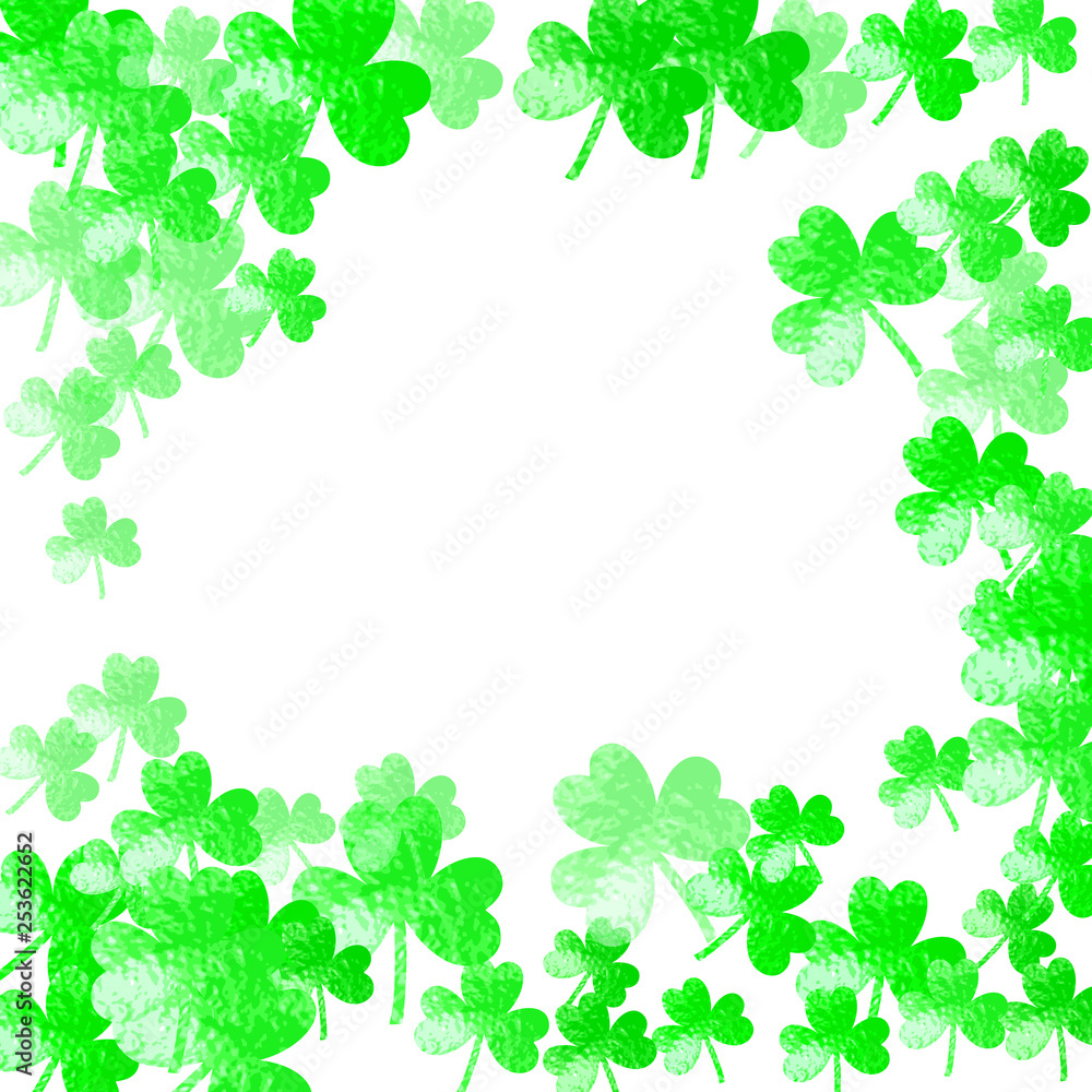 Saint patricks day background with shamrock. Lucky trefoil confetti. Glitter frame of clover leaves. Template for poster, gift certificate, banner. Festal saint patricks day backdrop.