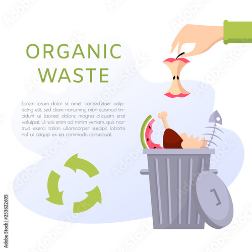 Organic waste vector illustration. Food garbage - apple stump, fish bones, eggshell, meat, watermelon. Recycling ecology problem isolate on white background objects collection.
