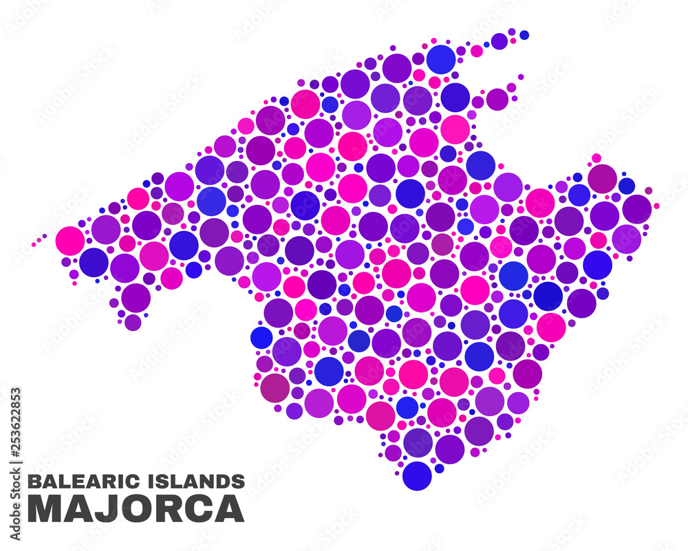 Mosaic Majorca map isolated on a white background. Vector geographic abstraction in pink and violet colors. Mosaic of Majorca map combined of scattered circle dots. Mosaic Majorca map isolated on a white background. Vector geographic abstraction in pink and violet colors. Mosaic of Majorca map combined of scattered circle dots.