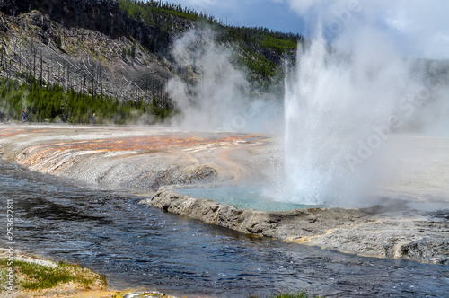 Geysers Erupt Near a River in Yellowstone National Park