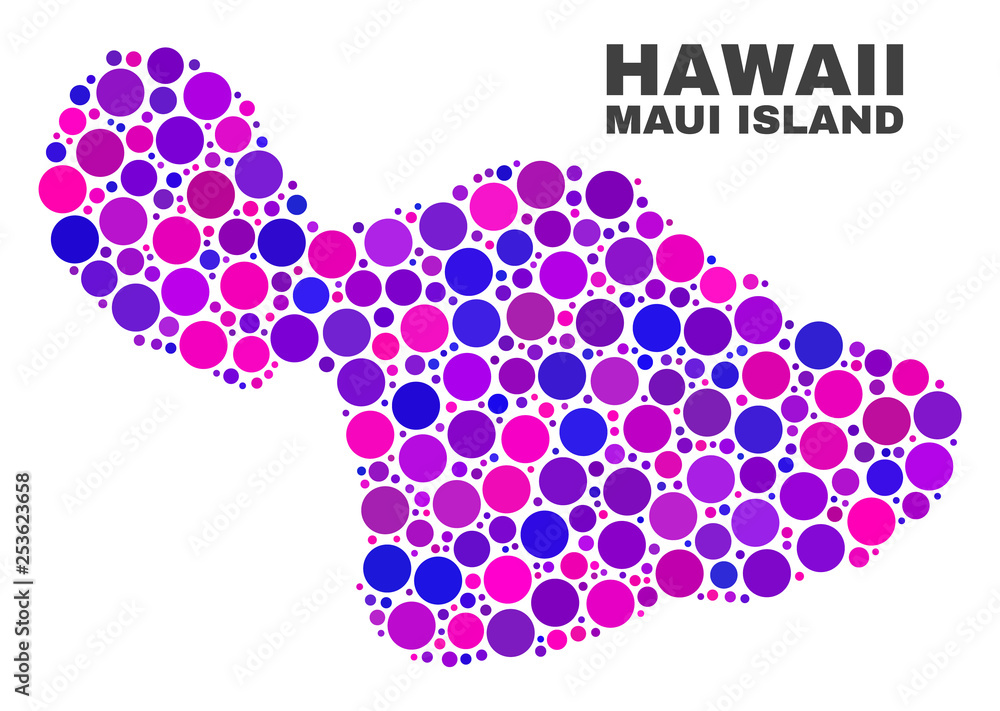 Mosaic Maui Island map isolated on a white background. Vector geographic abstraction in pink and violet colors. Mosaic of Maui Island map combined of scattered spheric elements. Mosaic Maui Island map isolated on a white background. Vector geographic abstraction in pink and violet colors. Mosaic of Maui Island map combined of scattered spheric elements.