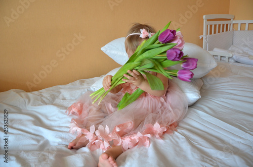 spring flowers banner - bunch of pink and violet tulip flowers on pink background