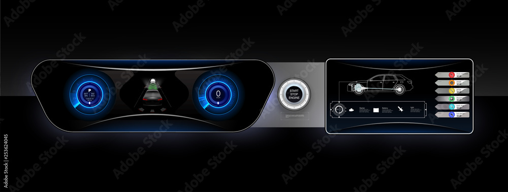 The concept car instrument panel, red backlight and a additional ...
