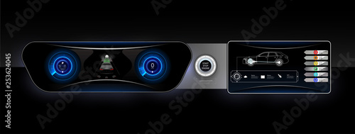 The concept car instrument panel, red backlight and a additional display settings of the car. Vector illustration.