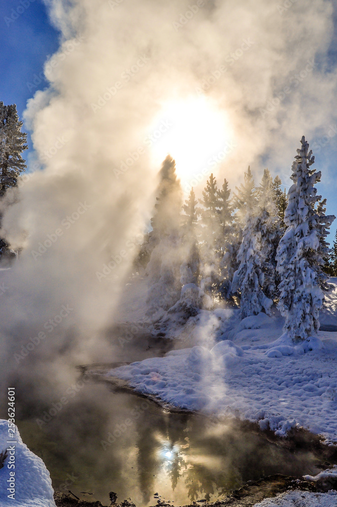 Sunshine Though a Geothermal Fog in Yellowstone National Park