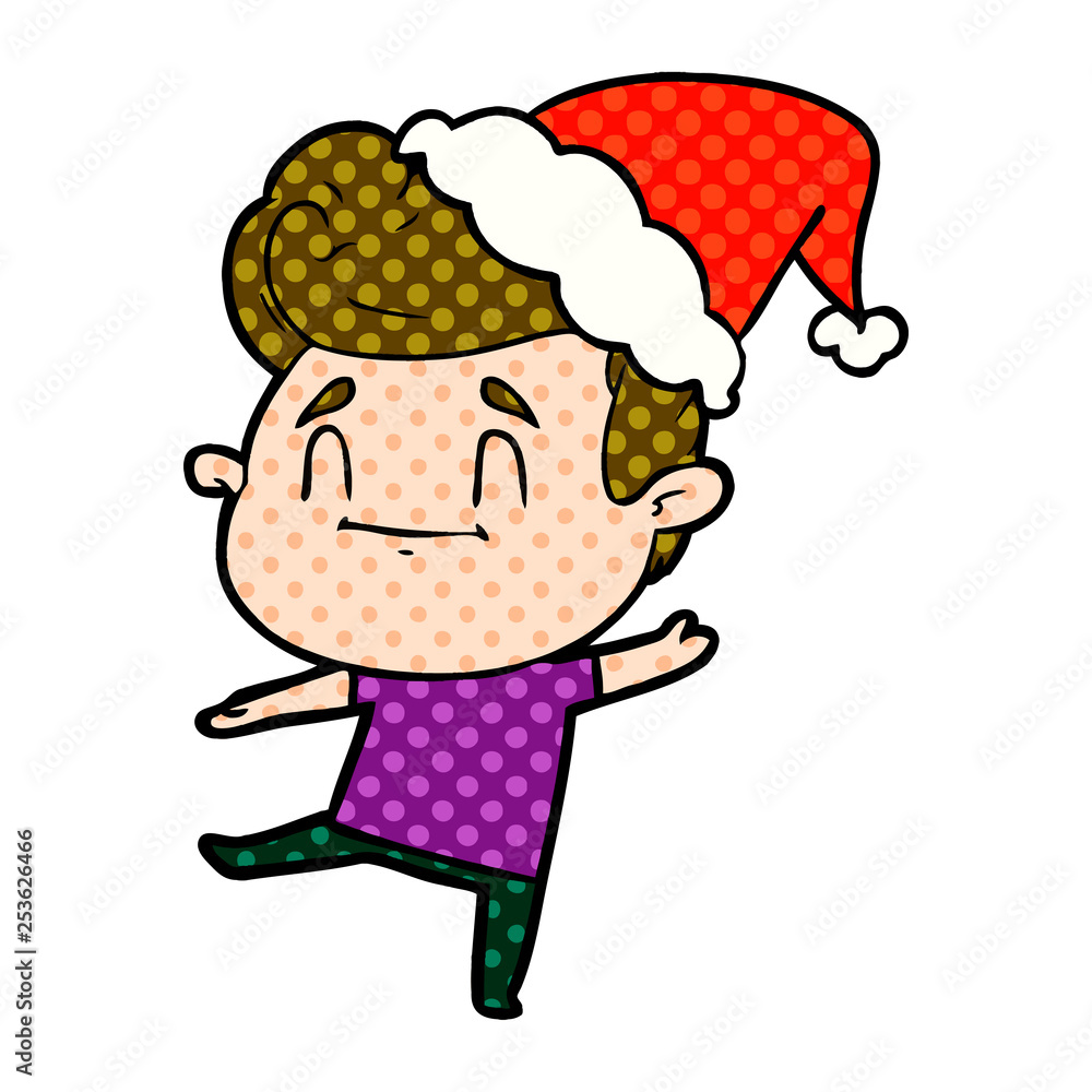 happy comic book style illustration of a man wearing santa hat