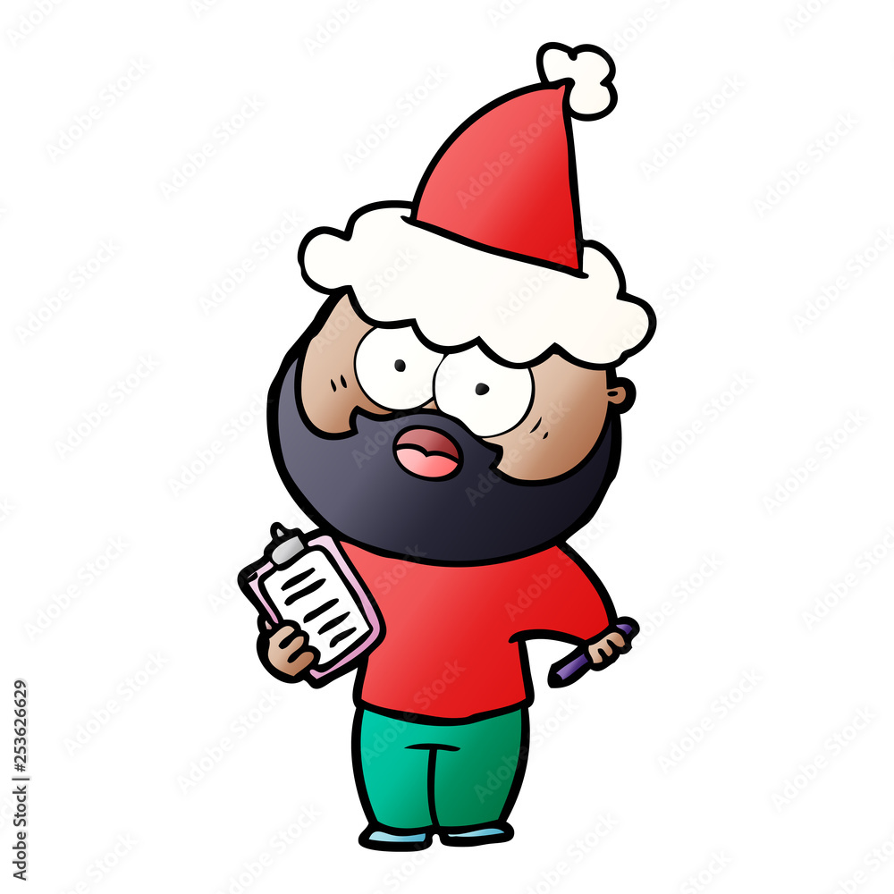 gradient cartoon of a bearded man with clipboard and pen wearing santa hat