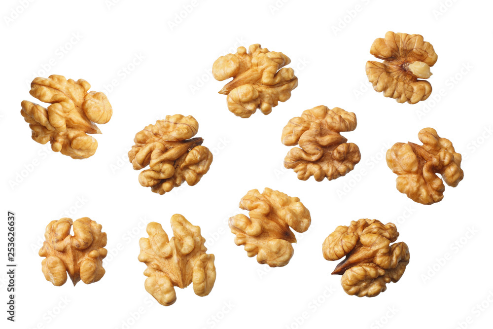Walnuts isolated on white background top view Walnuts isolated on white background top view