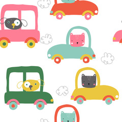 Acrylglasbilder Automuster Lustige Tiere fahren Autos Kindermuster  © bilaaa