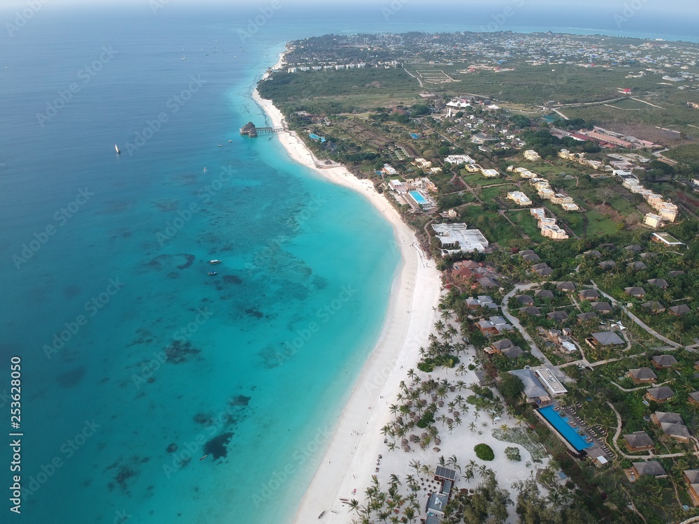 Aerial view by drone of Kendwa Beach in Zanzibar Tanzania.