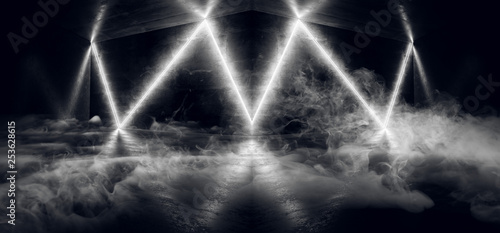 Fototapeta Naklejka Na Ścianę i Meble -  Smoke Fog Sci Fi Neon Glowing Abstract Dance Retro White Lights On Grunge Tiled Alien Spaceship Reflective Concrete Club Dance Room 3D Rendering