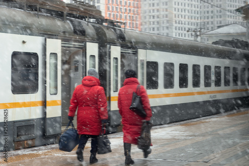 snow day in Russia walk railway station