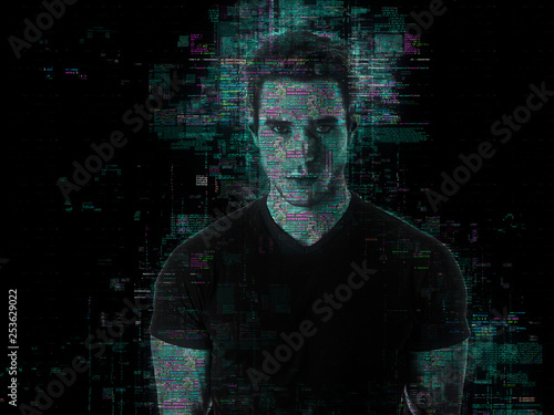 Portrait of handsome man in abstract glowing effect with holographic shadow on black background