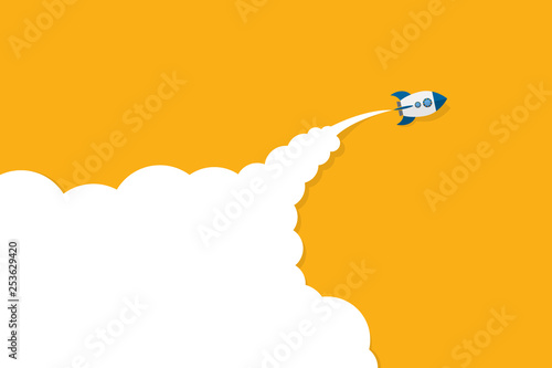 Rocket flying on blue sky and cloud. Business success and leadership creative concept idea.Vector illustration