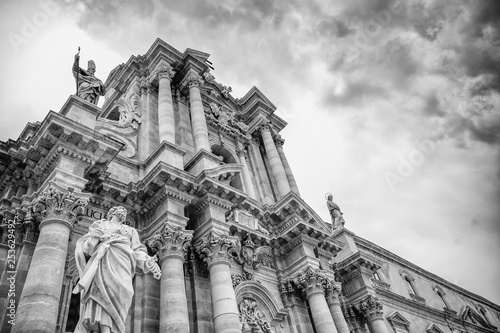 Siracusa, Italy - July 25, 2011 - Ancient Catholic church in Syracuse, Sicily. Rare example of a Greek Doric temple reused in the Christian era. UNESCO World Heritage Site - Image B&W