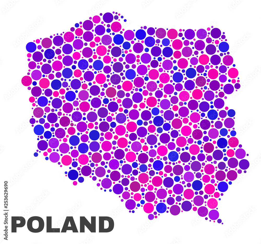 Mosaic Poland map isolated on a white background. Vector geographic abstraction in pink and violet colors. Mosaic of Poland map combined of scattered spheric points. Mosaic Poland map isolated on a white background. Vector geographic abstraction in pink and violet colors. Mosaic of Poland map combined of scattered spheric points.