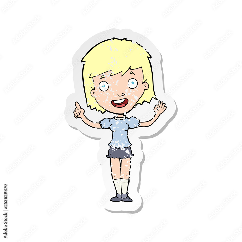 retro distressed sticker of a cartoon woman pointing retro distressed sticker of a cartoon woman pointing