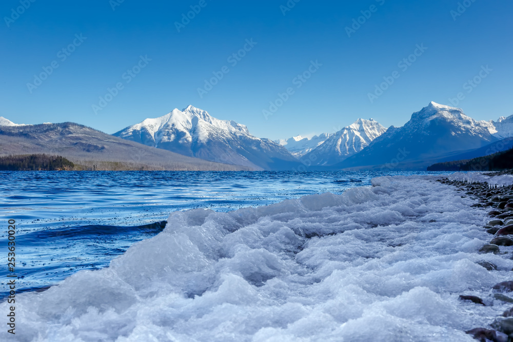 Lake McDonald, Glacier National Park, Montana with icy shore