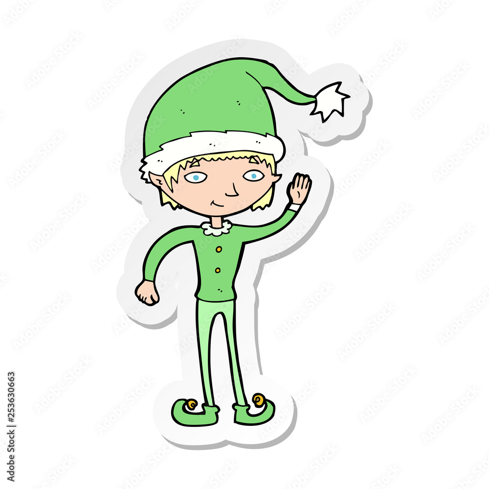 sticker of a cartoon waving christmas elf sticker of a cartoon waving christmas elf