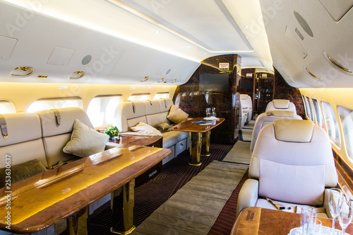 Luxury interior of genuine leather in the modern business jet