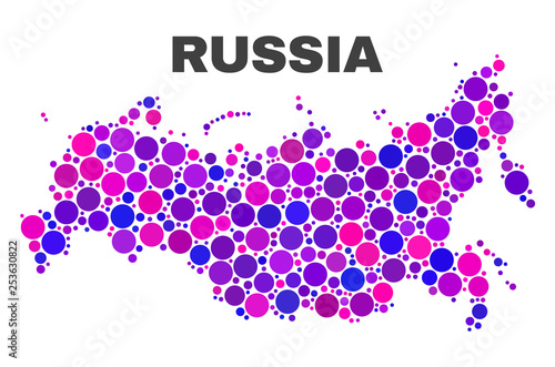 Mosaic Russia map isolated on a white background. Vector geographic abstraction in pink and violet colors. Mosaic of Russia map combined of random round elements.