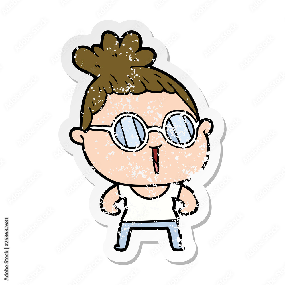 distressed sticker of a cartoon tough woman wearing spectacles