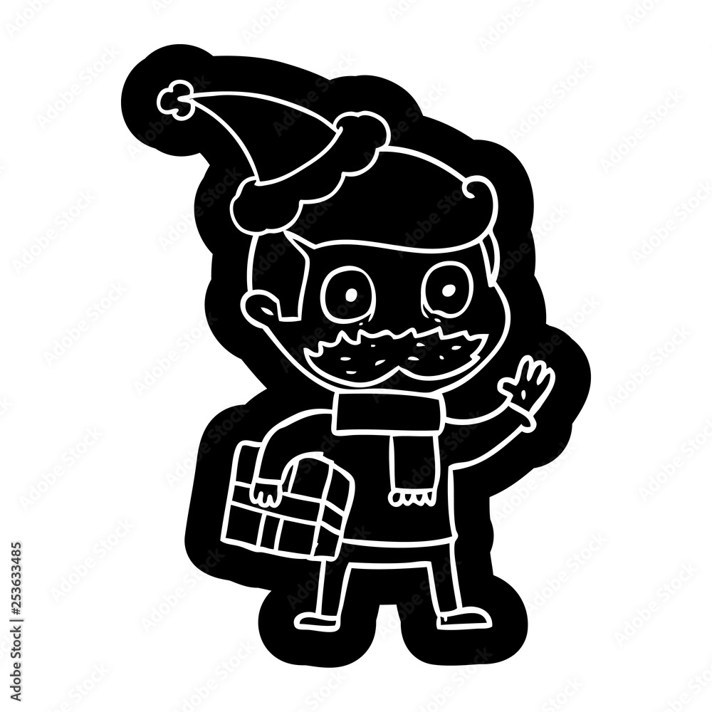 cartoon icon of a man with mustache and christmas present wearing santa hat cartoon icon of a man with mustache and christmas present wearing santa hat
