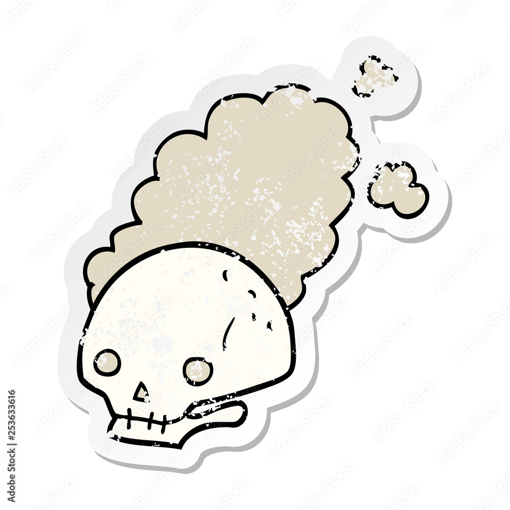 distressed sticker of a cartoon dusty old skull distressed sticker of a cartoon dusty old skull