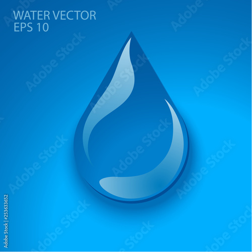 Drop of water on a blue background. Realistic vector image.