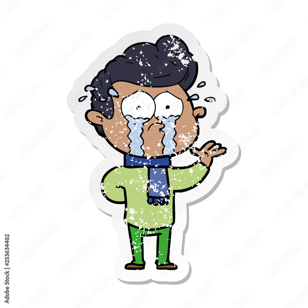 distressed sticker of a cartoon crying man distressed sticker of a cartoon crying man