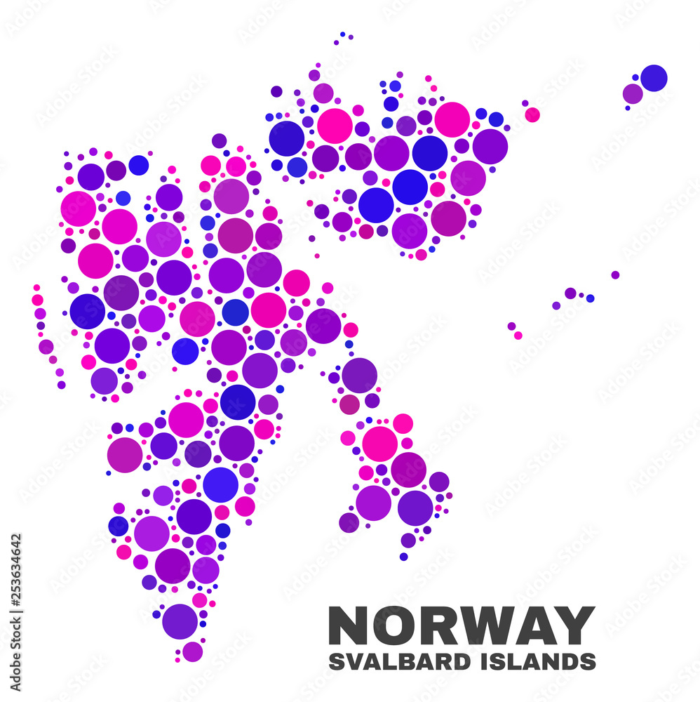 Mosaic Svalbard Islands map isolated on a white background. Vector geographic abstraction in pink and violet colors. Mosaic of Svalbard Islands map combined of scattered spheric elements. Mosaic Svalbard Islands map isolated on a white background. Vector geographic abstraction in pink and violet colors. Mosaic of Svalbard Islands map combined of scattered spheric elements.