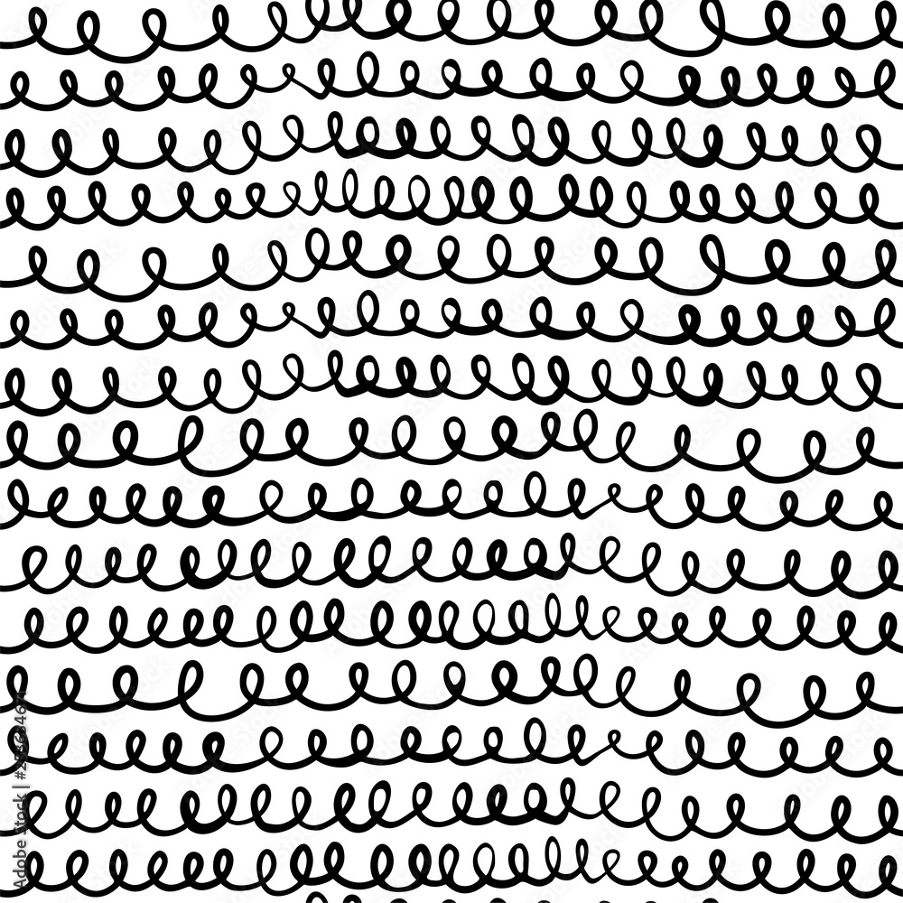 Vector doodle seamless pattern with curly lines in black and white for modern textile, sport clothing and graphic design