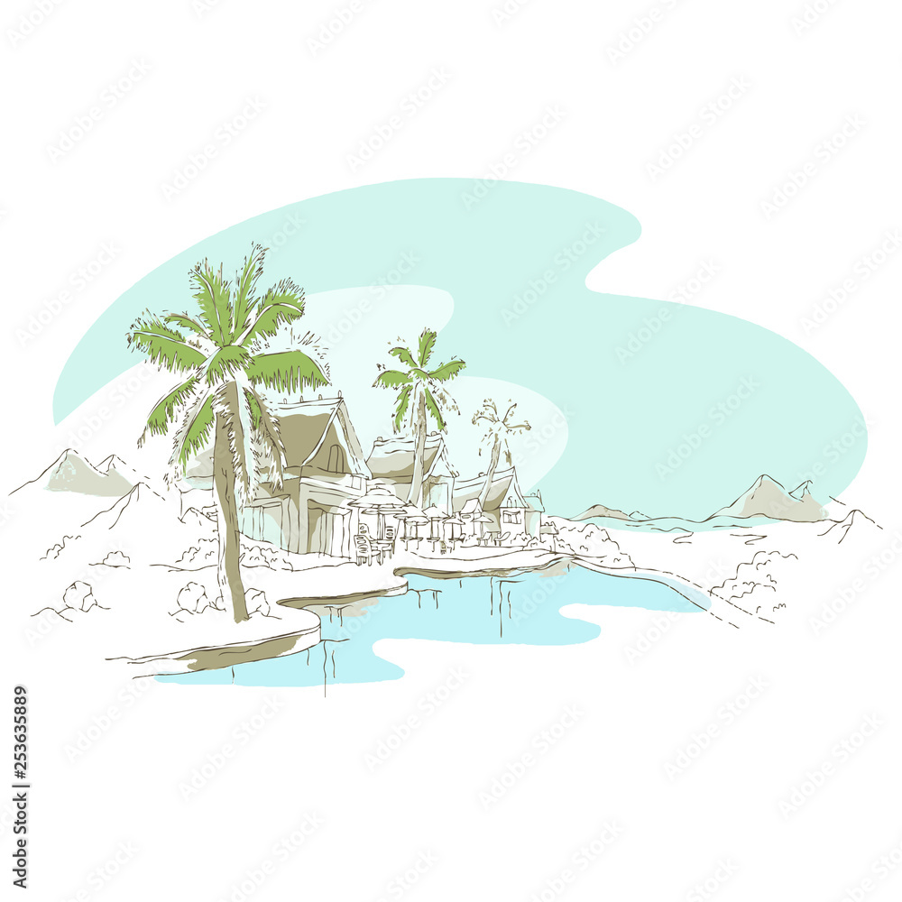 Obraz premium Landscape of the sea and the slopes and palms
