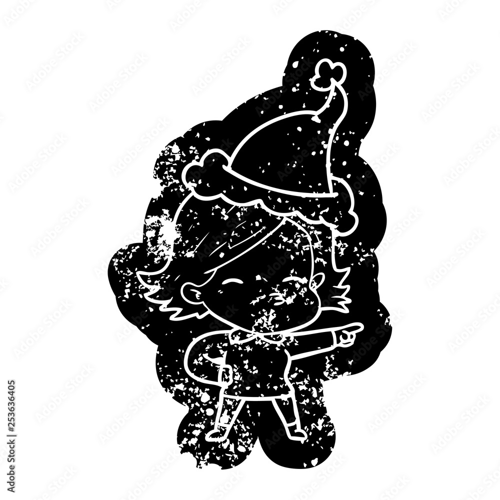 cartoon distressed icon of a woman pointing wearing santa hat cartoon distressed icon of a woman pointing wearing santa hat