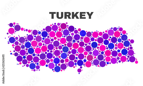 Mosaic Turkey map isolated on a white background. Vector geographic abstraction in pink and violet colors. Mosaic of Turkey map combined of scattered circle items.