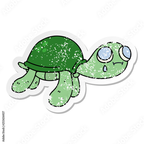 distressed sticker of a quirky hand drawn cartoon turtle