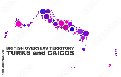 Mosaic Turks and Caicos Islands map isolated on a white background. Vector geographic abstraction in pink and violet colors. Mosaic of Turks and Caicos Islands map combined of scattered round items.