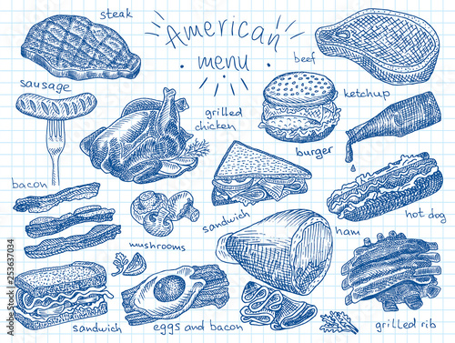 American menu, snack, ham, cheese, steak, hamburger, mushroom, bread, ribs, burger, fastfood, sandwich, grill, chicken, eggs, sausage, bacon, ketchup, fries