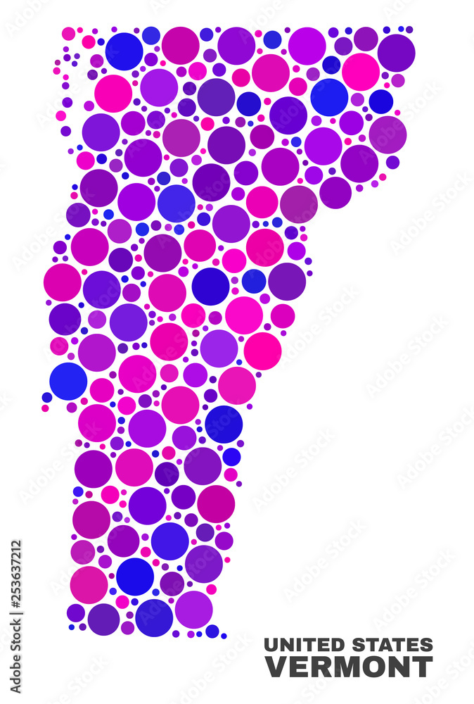 Mosaic Vermont State map isolated on a white background. Vector geographic abstraction in pink and violet colors. Mosaic of Vermont State map combined of random circle elements. Mosaic Vermont State map isolated on a white background. Vector geographic abstraction in pink and violet colors. Mosaic of Vermont State map combined of random circle elements.