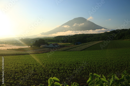 夕陽に映える　羊蹄山（シリベシ山、後方羊蹄山）　